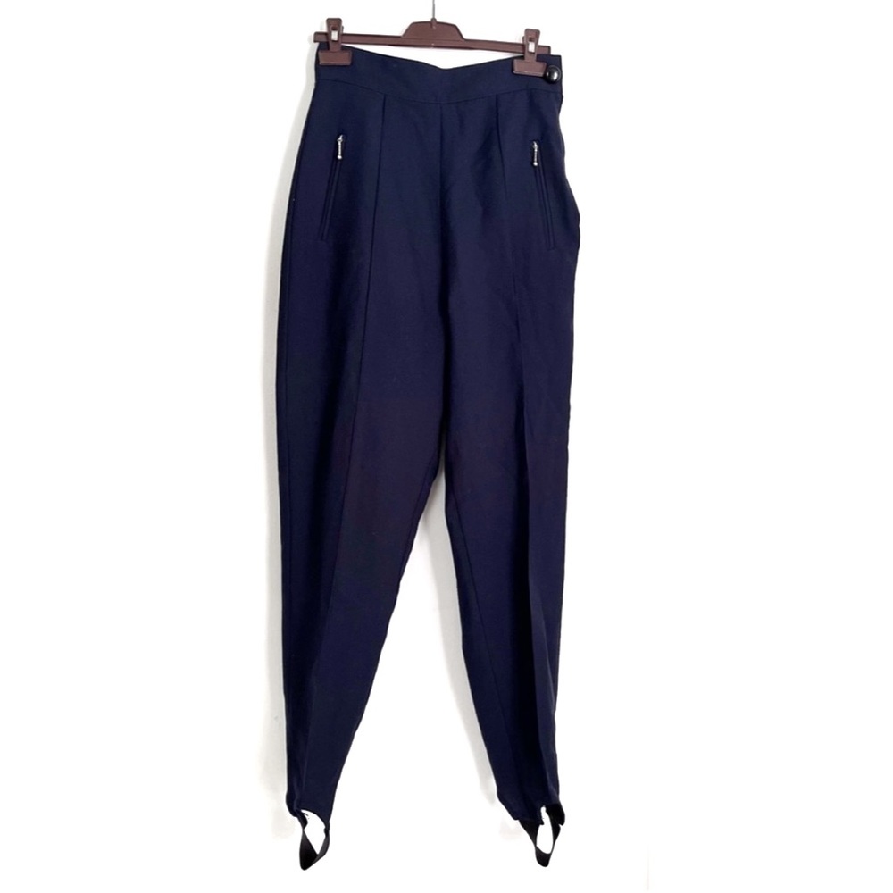 Vintage 1980s Marciano 100% Wool Navy Blue High-Waist Stirrup Pants Zip Pockets